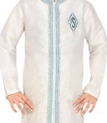 White embroidered art dupion silk boys-sherwani