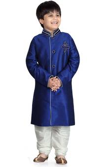 Blue embroidered art dupion silk boys-sherwani