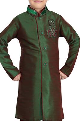 Green embroidered art dupion silk boys-sherwani 2