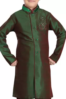Green embroidered art dupion silk boys-sherwani