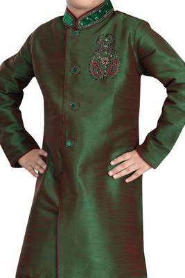 Green embroidered art dupion silk boys-sherwani 2