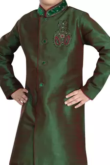 Green embroidered art dupion silk boys-sherwani