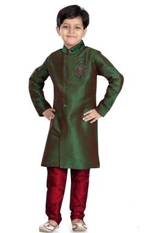 Green embroidered art dupion silk boys-sherwani