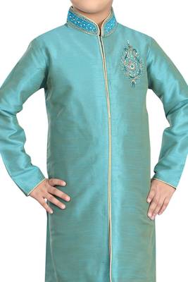 Turquoise embroidered art dupion silk boys-sherwani 2