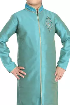 Turquoise embroidered art dupion silk boys-sherwani