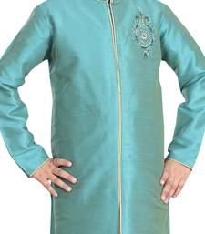 Turquoise embroidered art dupion silk boys-sherwani