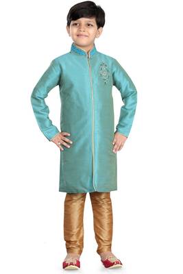 Turquoise embroidered art dupion silk boys-sherwani 1