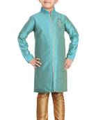 Turquoise embroidered art dupion silk boys-sherwani