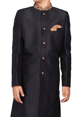 Black plain art dupion silk boys-sherwani 2