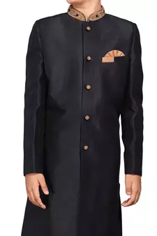 Black plain art dupion silk boys-sherwani