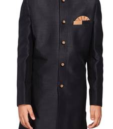 Black plain art dupion silk boys-sherwani