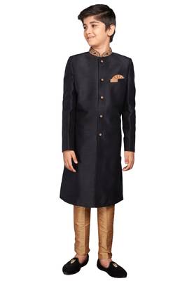 Black plain art dupion silk boys-sherwani 1