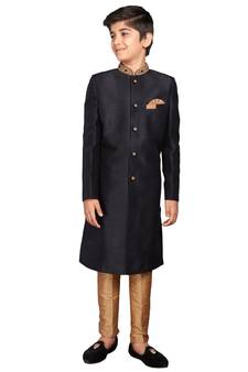 Black plain art dupion silk boys-sherwani