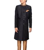 Black plain art dupion silk boys-sherwani