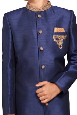 Blue plain art dupion silk boys-sherwani 2