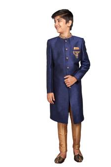 Blue plain art dupion silk boys-sherwani