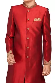 Red plain art dupion silk boys-sherwani
