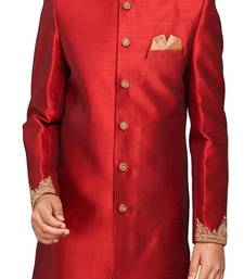 Red plain art dupion silk boys-sherwani