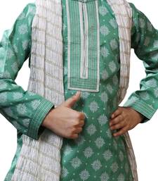 Green printed art dupion silk boys-kurta-pyjama