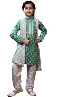 Green printed art dupion silk boys-kurta-pyjama