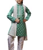 Green printed art dupion silk boys-kurta-pyjama