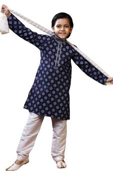 Blue printed art dupion silk boys-kurta-pyjama