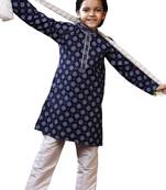 Blue printed art dupion silk boys-kurta-pyjama