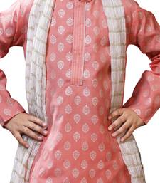 Beige printed art dupion silk boys-kurta-pyjama