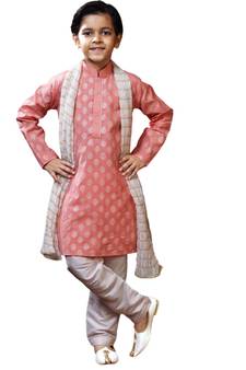 Beige printed art dupion silk boys-kurta-pyjama