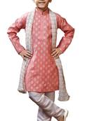 Beige printed art dupion silk boys-kurta-pyjama
