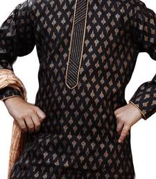 Black printed art dupion silk boys-kurta-pyjama