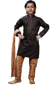 Black printed art dupion silk boys-kurta-pyjama