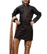 Black printed art dupion silk boys-kurta-pyjama