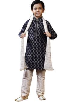 Blue printed art dupion silk boys-kurta-pyjama