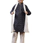 Blue printed art dupion silk boys-kurta-pyjama