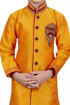 Yellow embroidered art dupion silk boys-sherwani