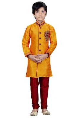 Yellow embroidered art dupion silk boys-sherwani 1