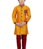 Yellow embroidered art dupion silk boys-sherwani