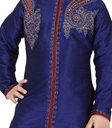 Blue embroidered art dupion silk boys-sherwani