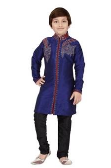 Blue embroidered art dupion silk boys-sherwani