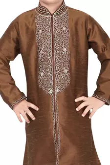 Brown embroidered art dupion silk boys-sherwani