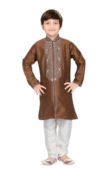 Brown embroidered art dupion silk boys-sherwani