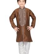 Brown embroidered art dupion silk boys-sherwani