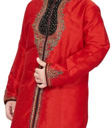 Red embroidered art dupion silk boys-sherwani