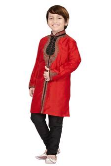 Red embroidered art dupion silk boys-sherwani