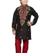 Black embroidered art dupion silk boys-kurta-pyjama