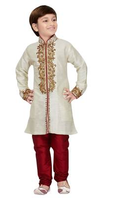 Fawn embroidered art dupion silk boys-sherwani 1