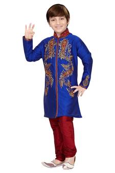 Blue embroidered art dupion silk boys-sherwani