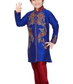 Blue embroidered art dupion silk boys-sherwani