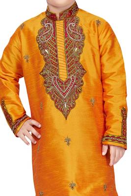 Yellow embroidered art dupion silk boys-kurta-pyjama 2